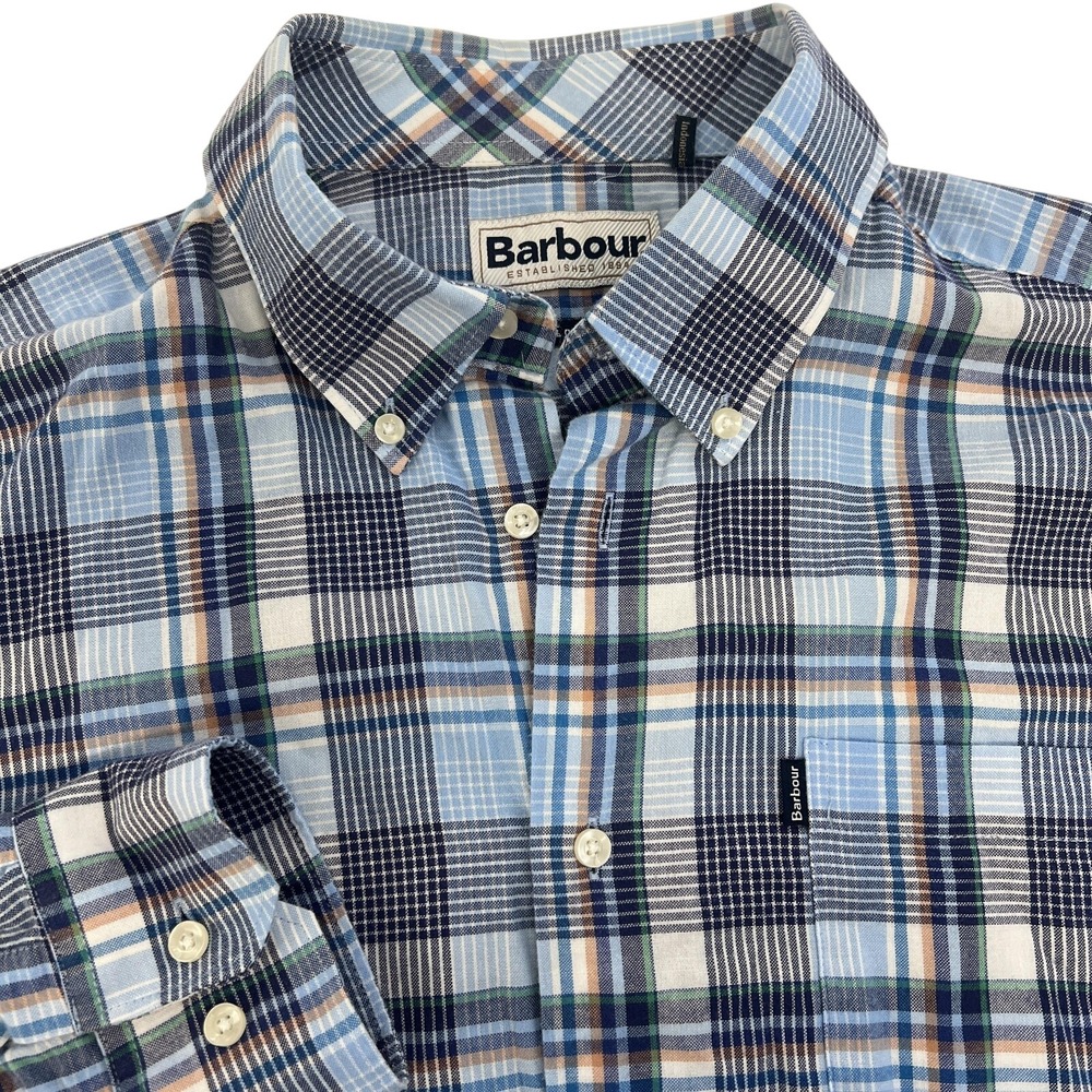 Barbour Warren Shirt Mens Large Blue Plaid Tailored Fit Long Sleeve Button Up